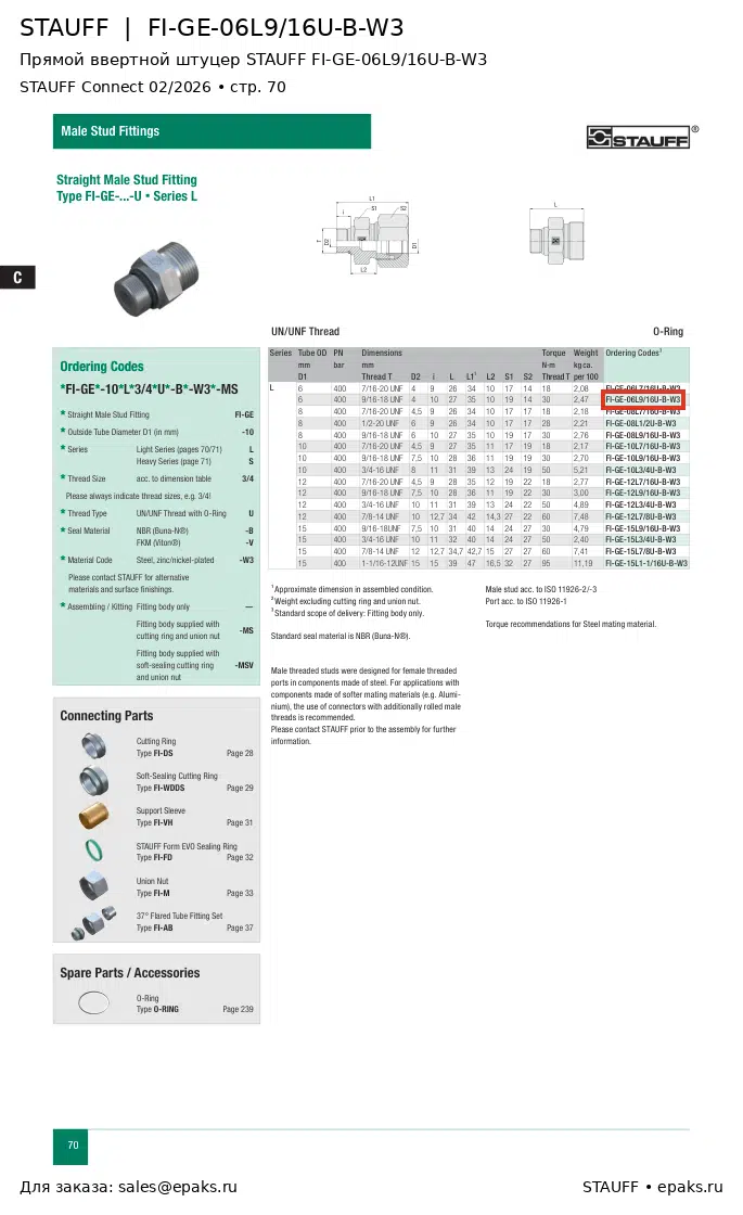 STAUFF FI-GE-06L9/16U-B-W3