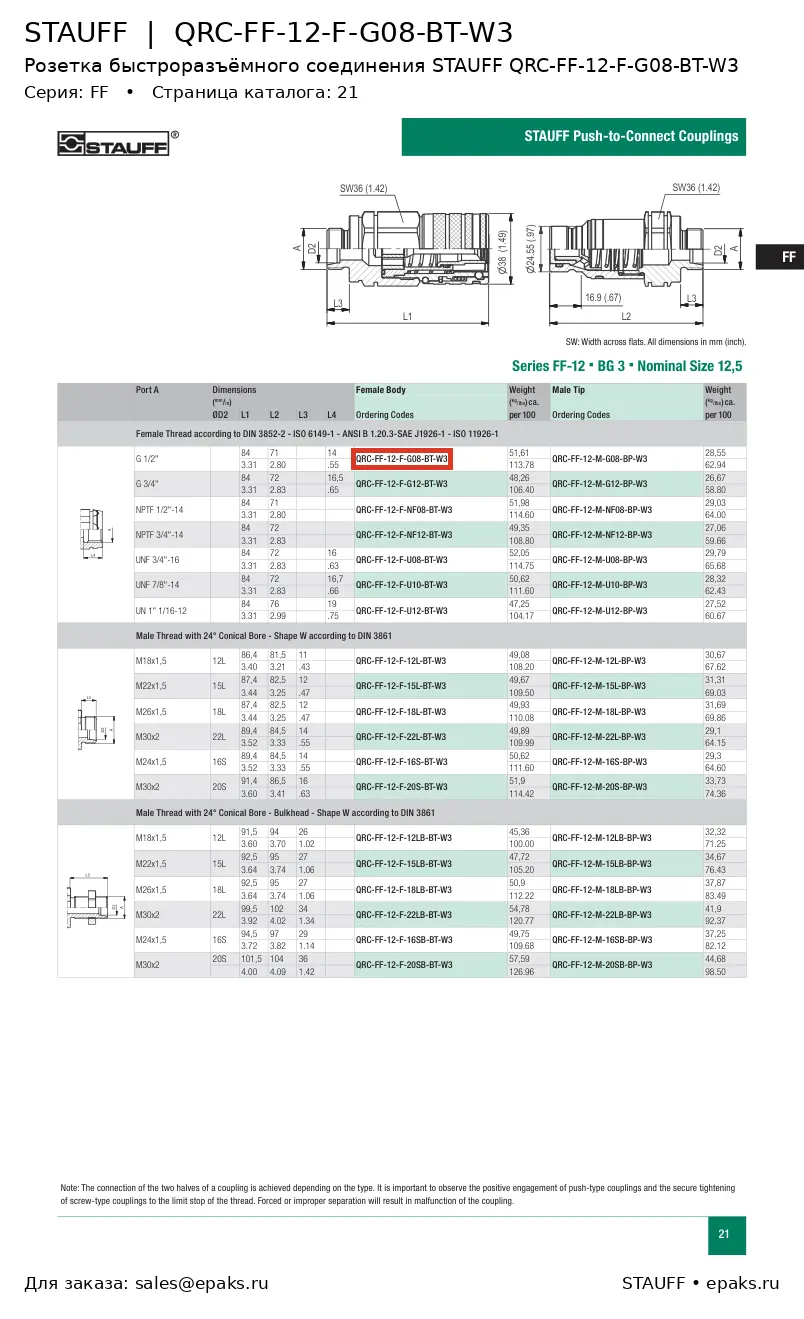 STAUFF QRC-FF-12-F-G08-BT-W3