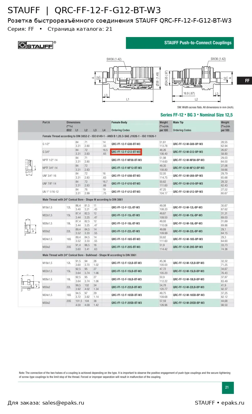 STAUFF QRC-FF-12-F-G12-BT-W3