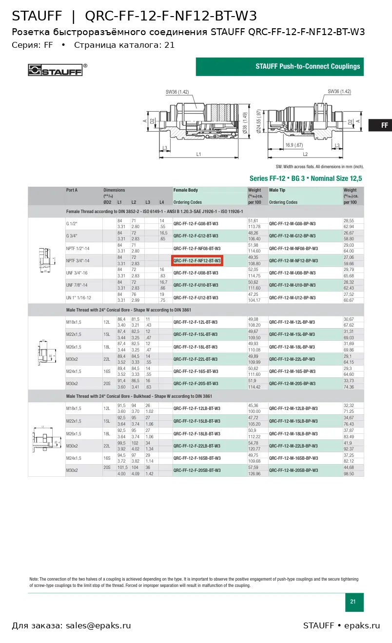 STAUFF QRC-FF-12-F-NF12-BT-W3