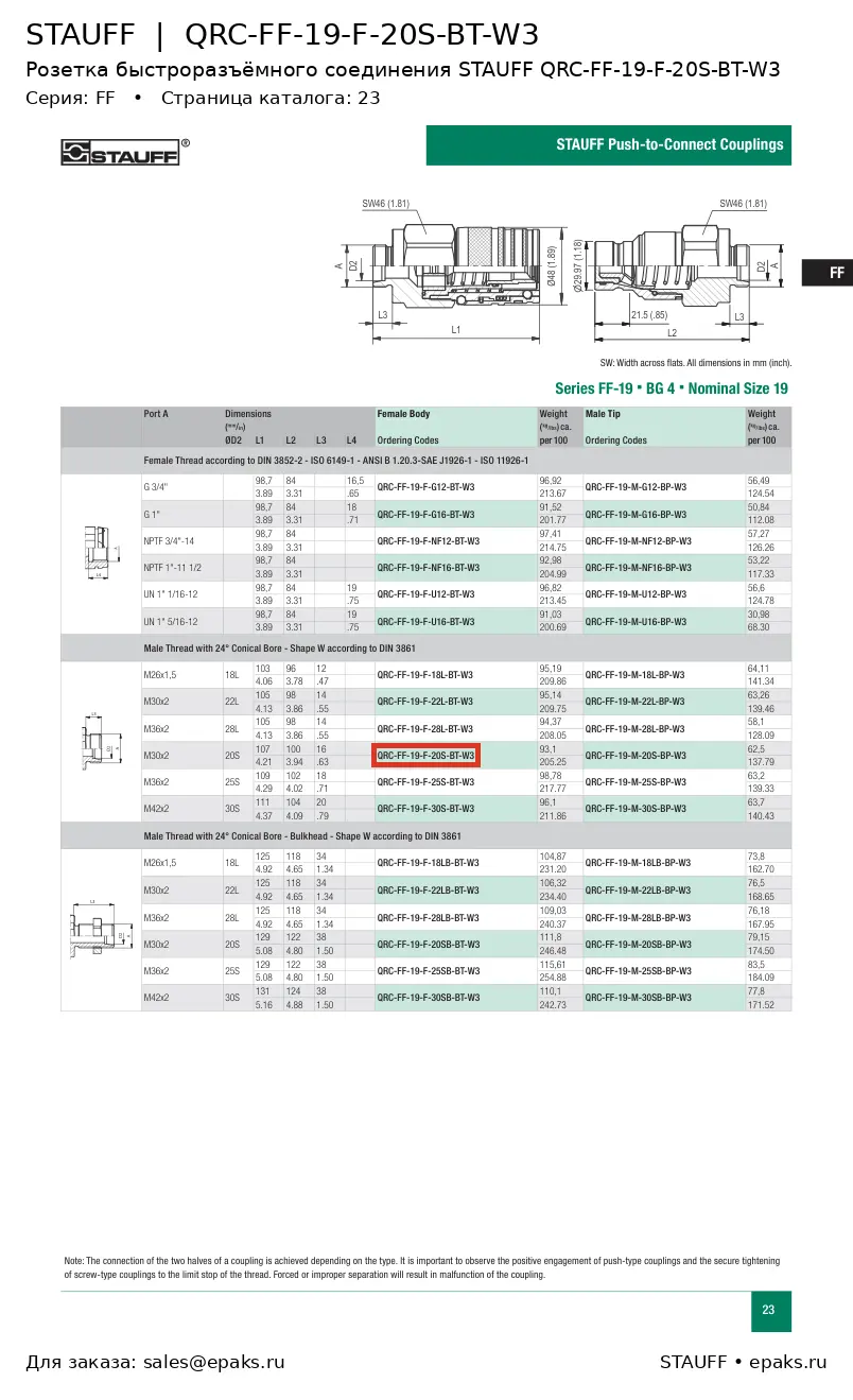 STAUFF QRC-FF-19-F-20S-BT-W3