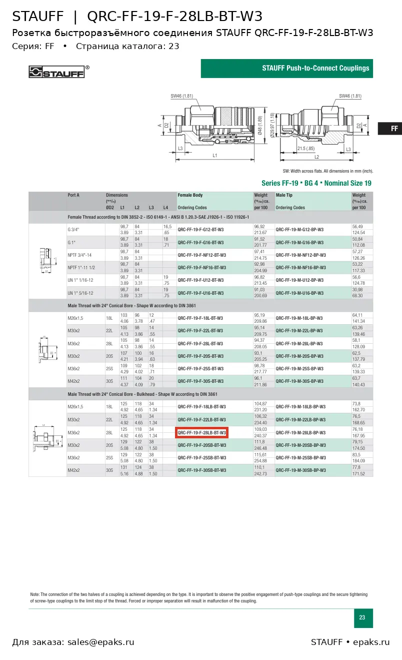 STAUFF QRC-FF-19-F-28LB-BT-W3