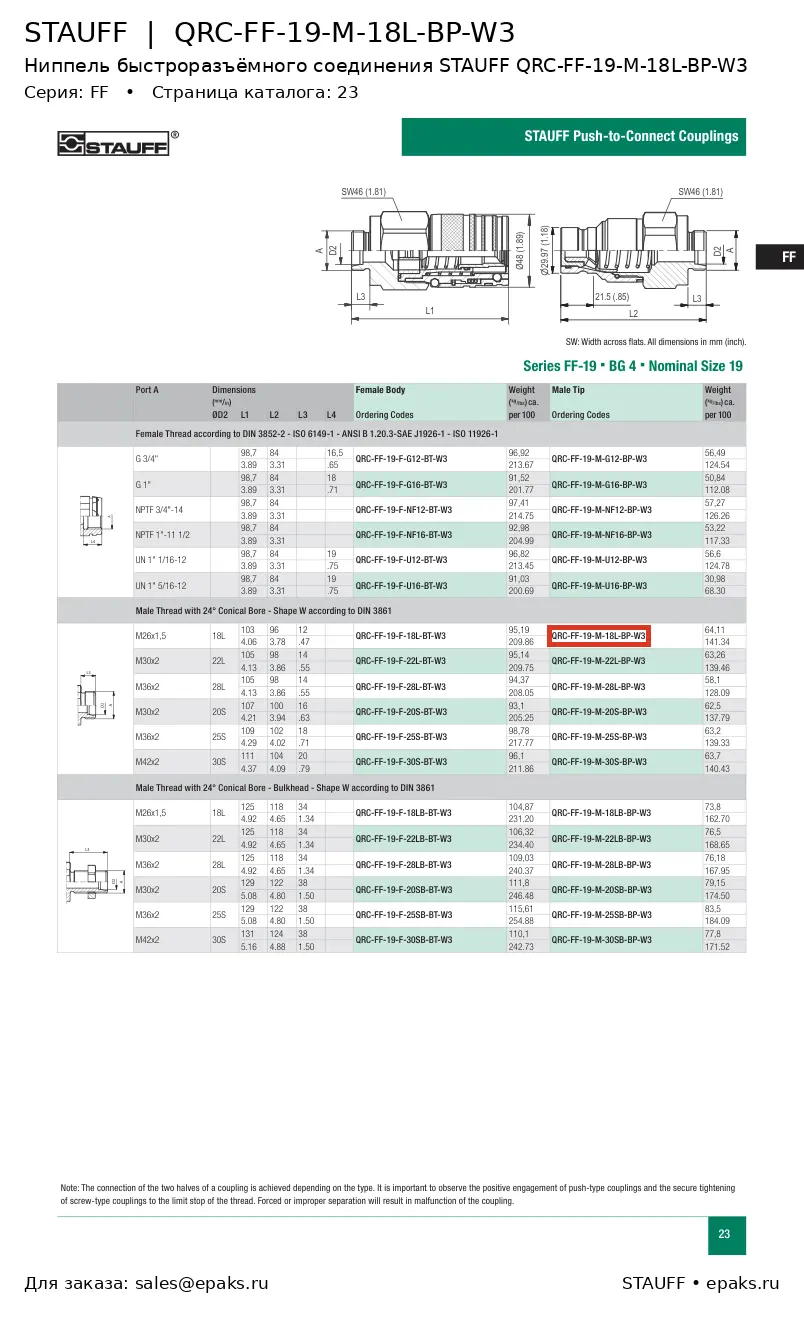 STAUFF QRC-FF-19-M-18L-BP-W3