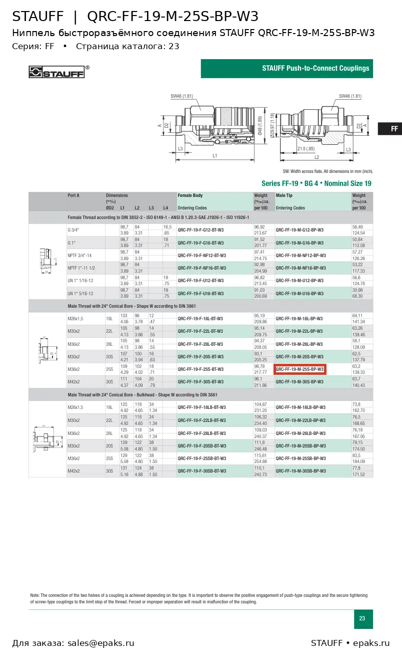 STAUFF QRC-FF-19-M-25S-BP-W3