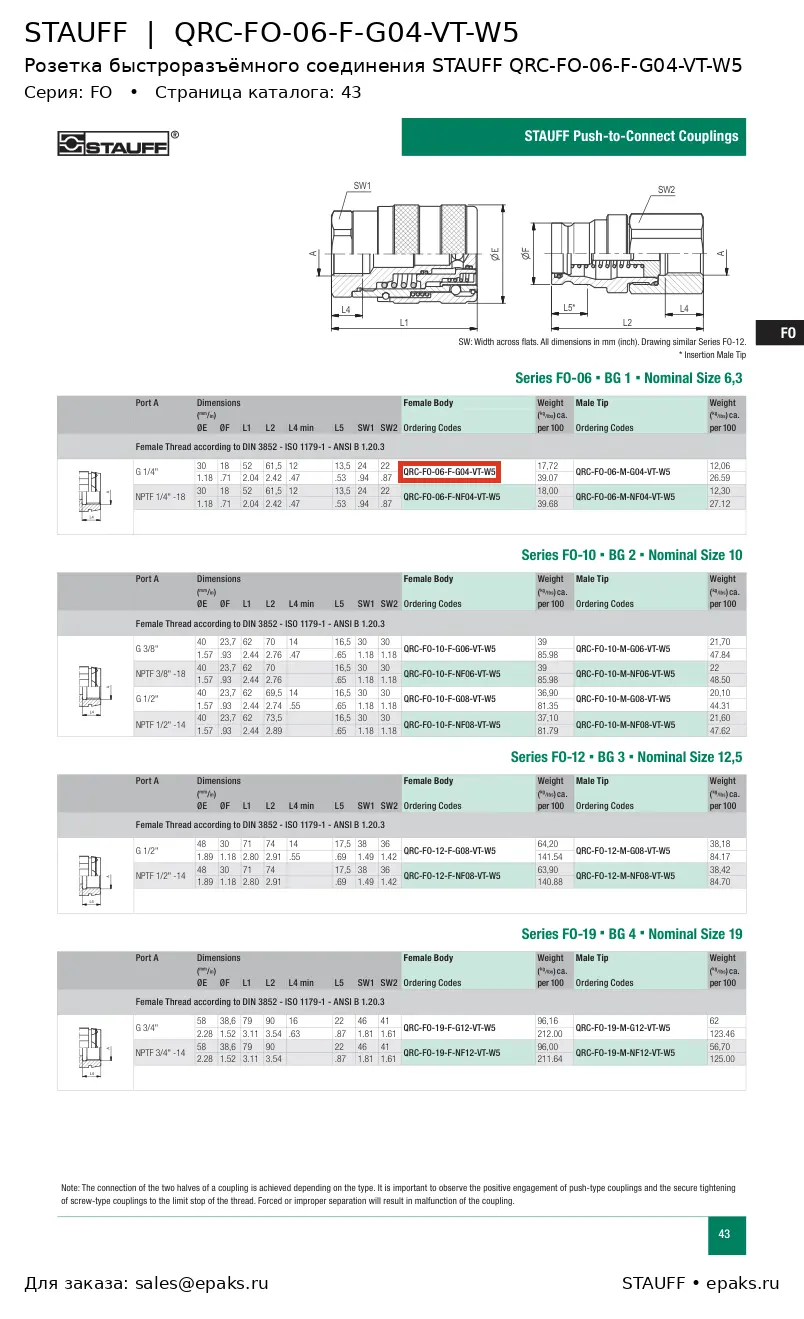 STAUFF QRC-FO-06-F-G04-VT-W5