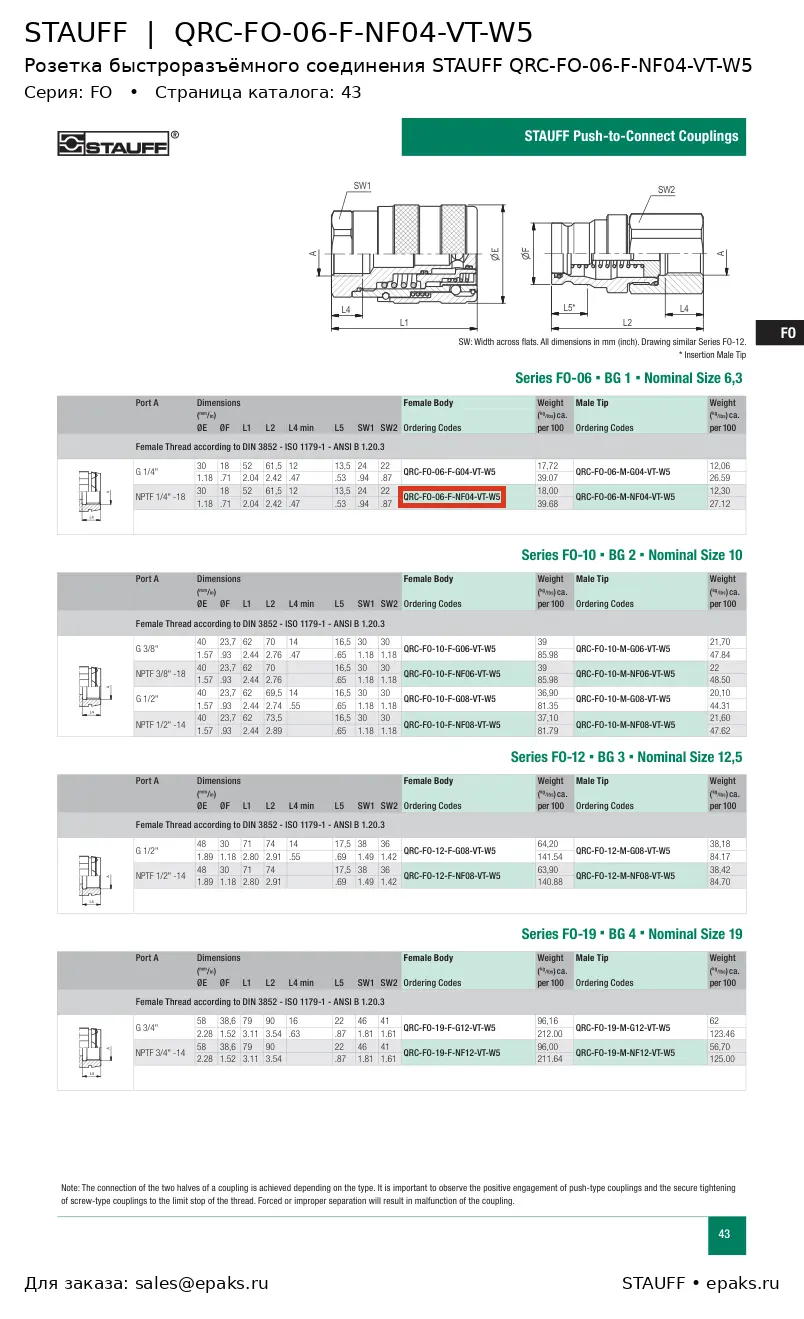 STAUFF QRC-FO-06-F-NF04-VT-W5