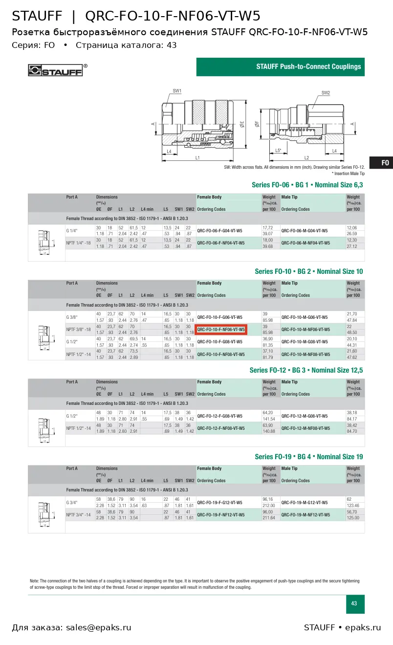 STAUFF QRC-FO-10-F-NF06-VT-W5