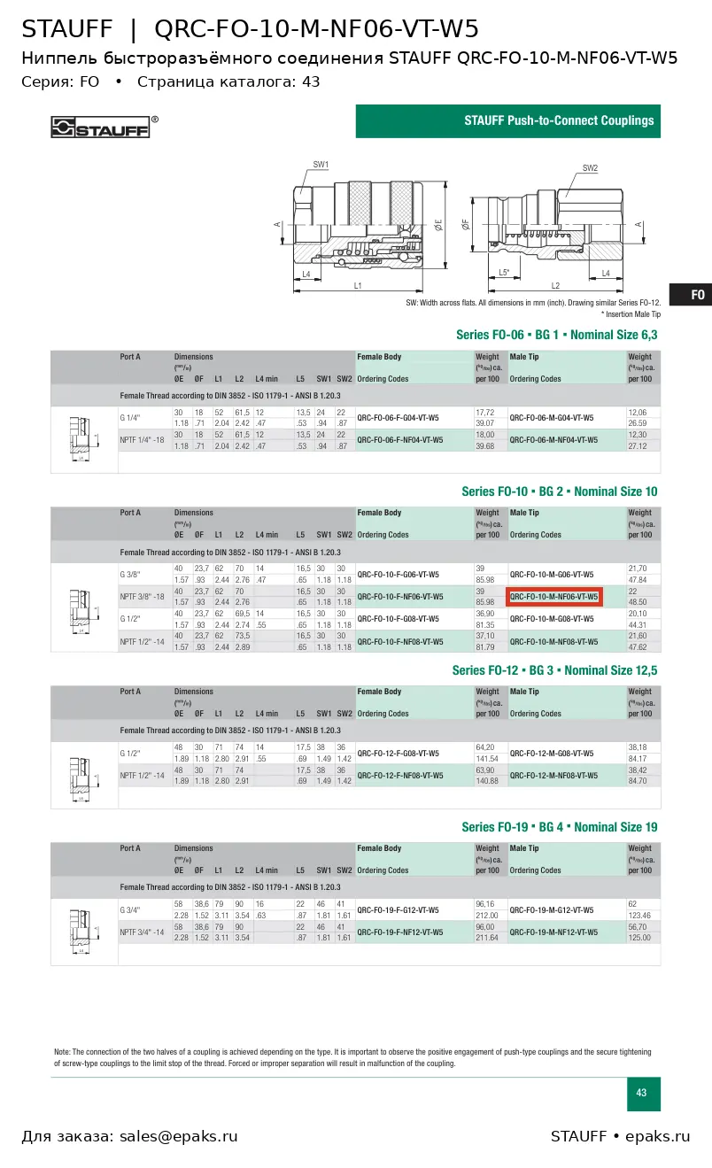 STAUFF QRC-FO-10-M-NF06-VT-W5