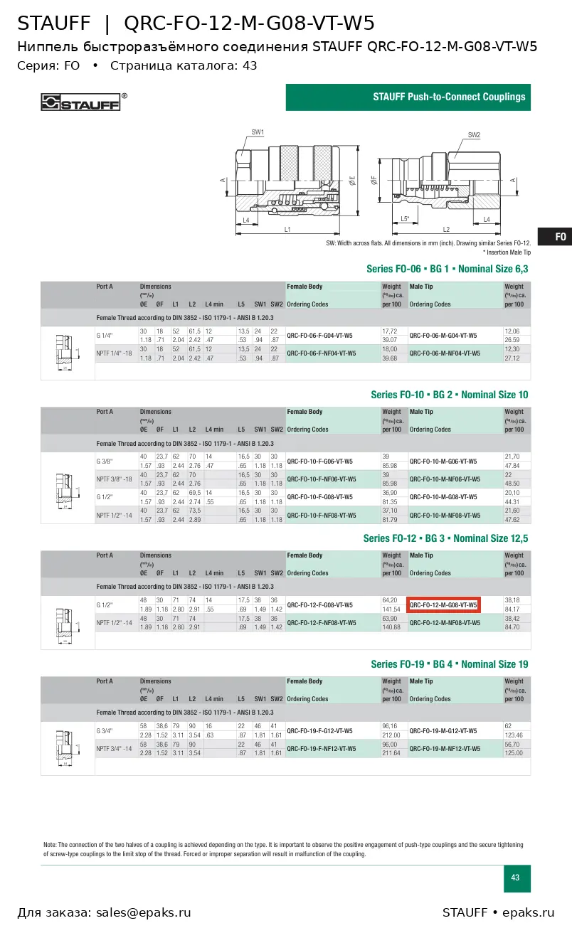 STAUFF QRC-FO-12-M-G08-VT-W5