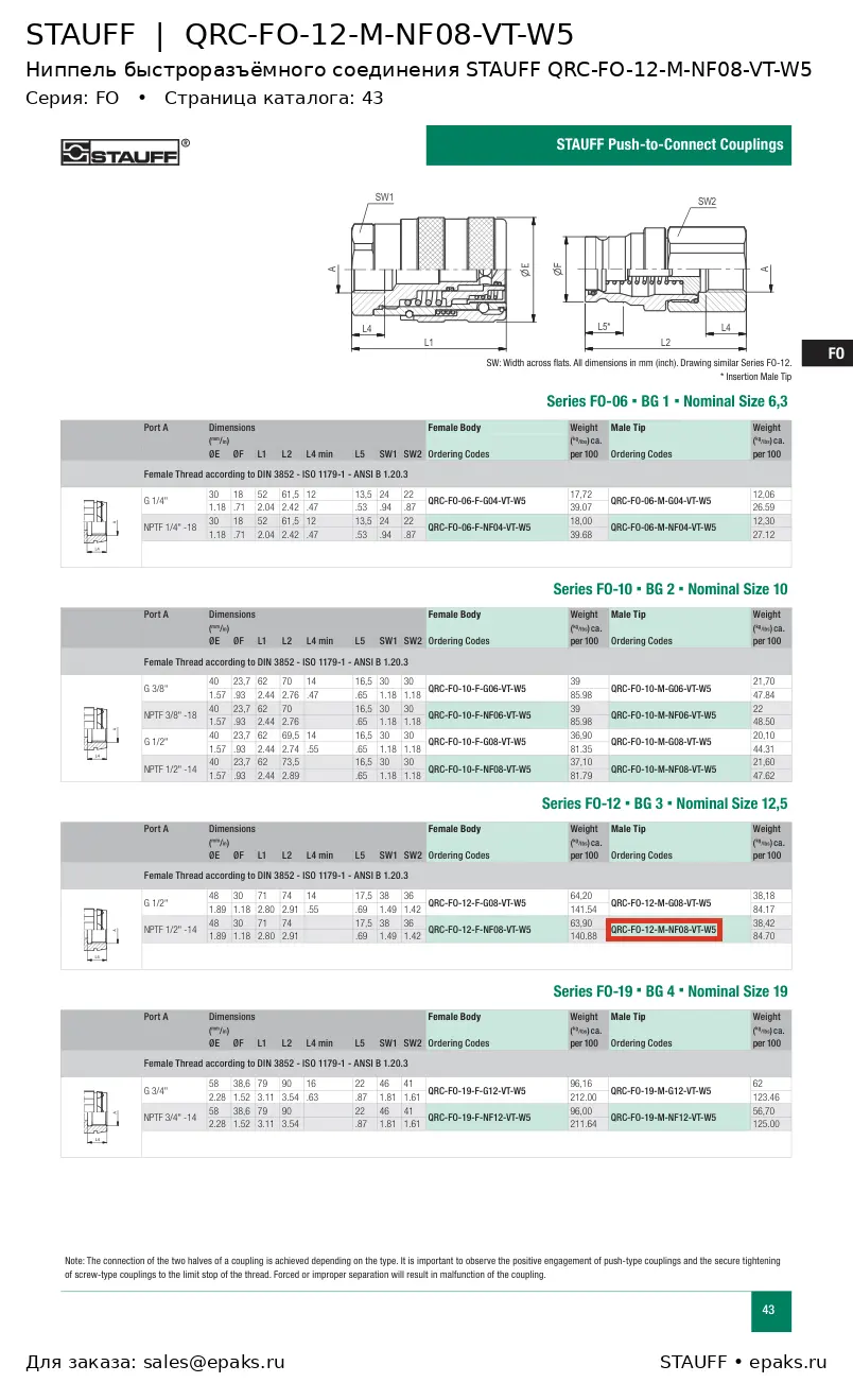 STAUFF QRC-FO-12-M-NF08-VT-W5