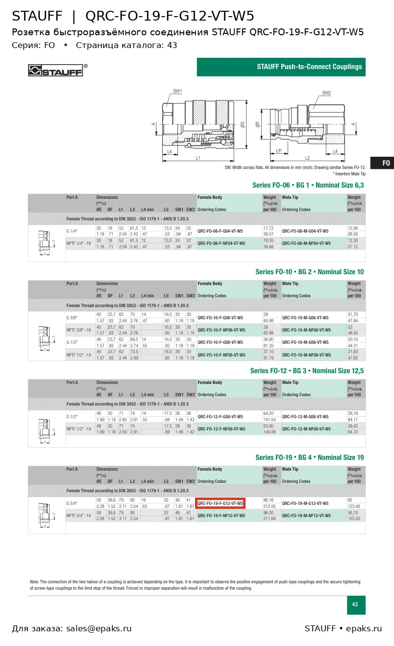 STAUFF QRC-FO-19-F-G12-VT-W5