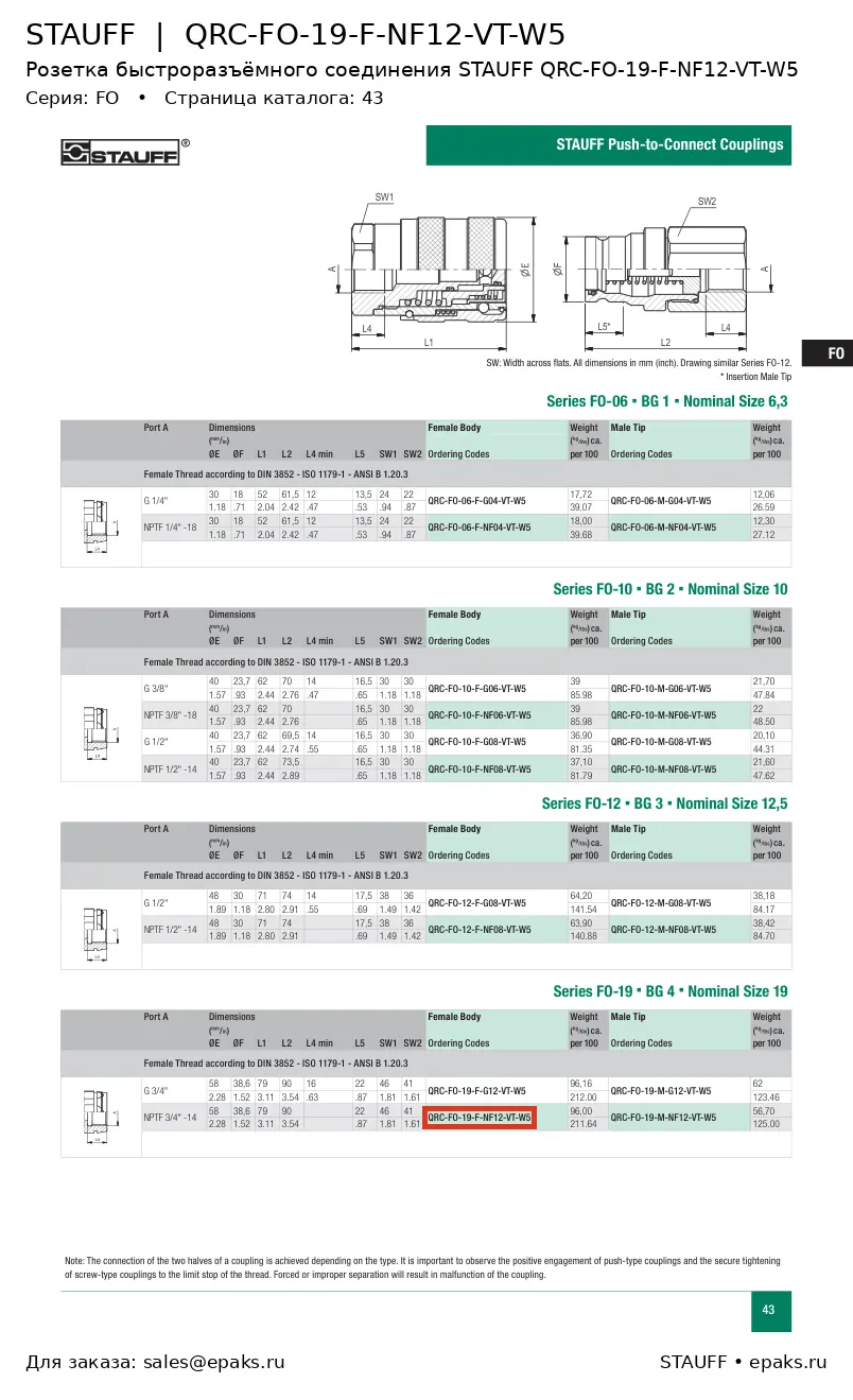 STAUFF QRC-FO-19-F-NF12-VT-W5