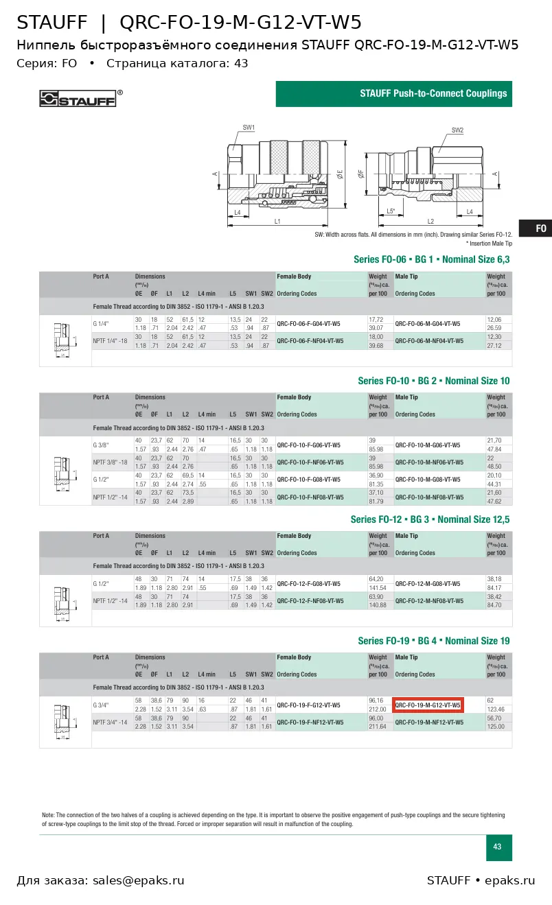 STAUFF QRC-FO-19-M-G12-VT-W5