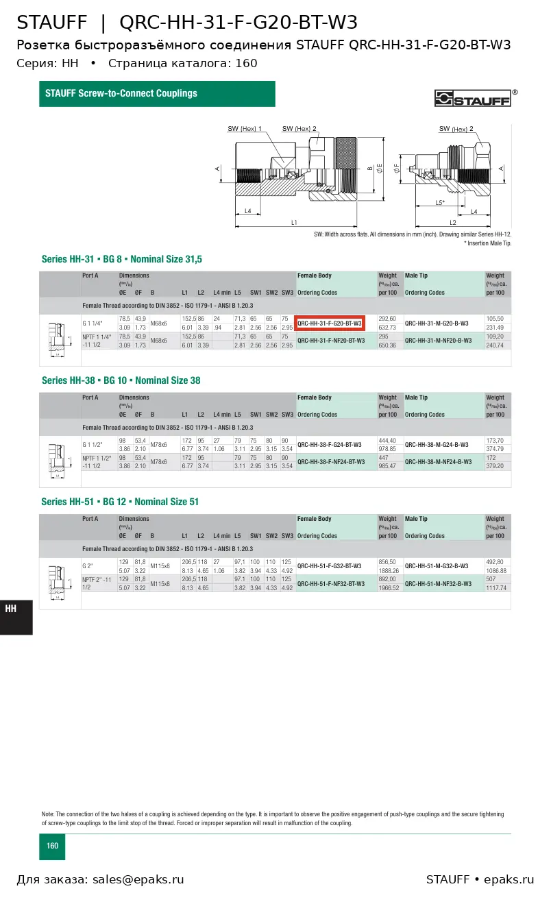STAUFF QRC-HH-31-F-G20-BT-W3