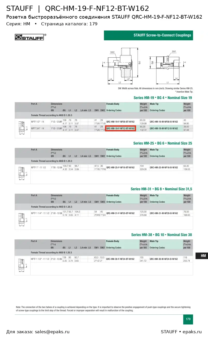 STAUFF QRC-HM-19-F-NF12-BT-W162
