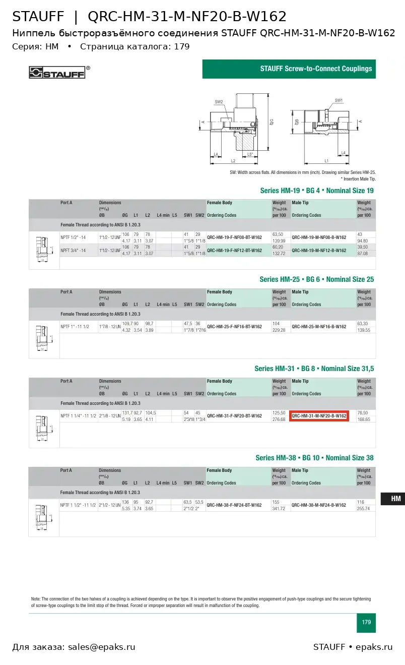 STAUFF QRC-HM-31-M-NF20-B-W162