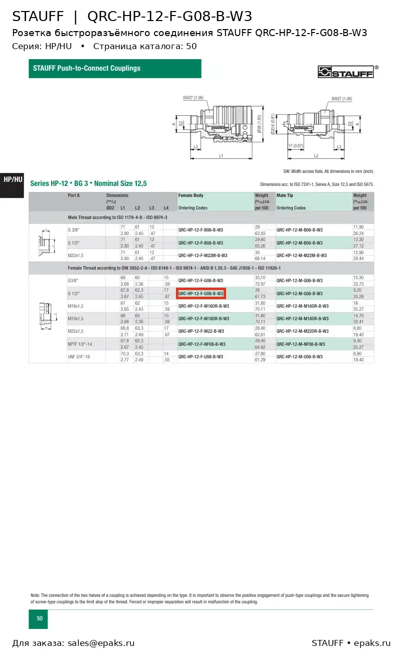 STAUFF QRC-HP-12-F-G08-B-W3