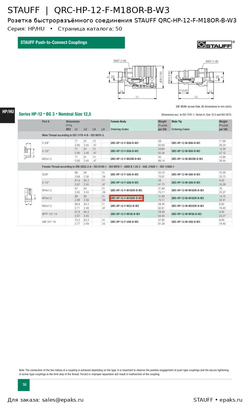 STAUFF QRC-HP-12-F-M18OR-B-W3
