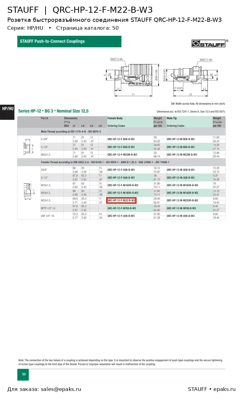 STAUFF QRC-HP-12-F-M22-B-W3