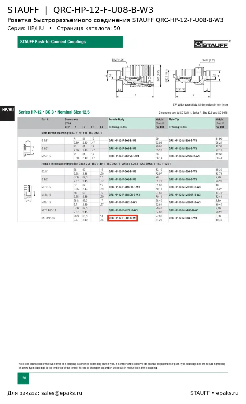 STAUFF QRC-HP-12-F-U08-B-W3