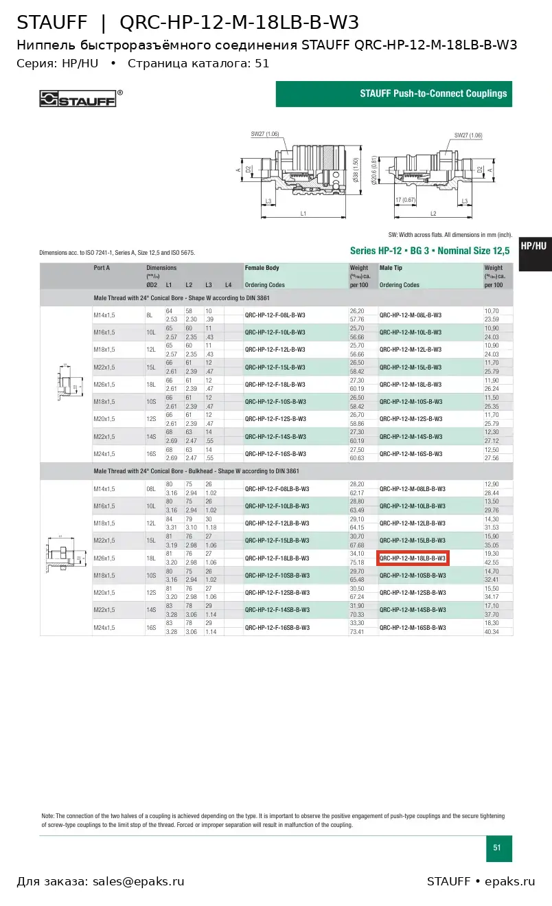 STAUFF QRC-HP-12-M-18LB-B-W3