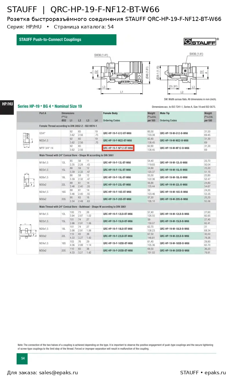 STAUFF QRC-HP-19-F-NF12-BT-W66