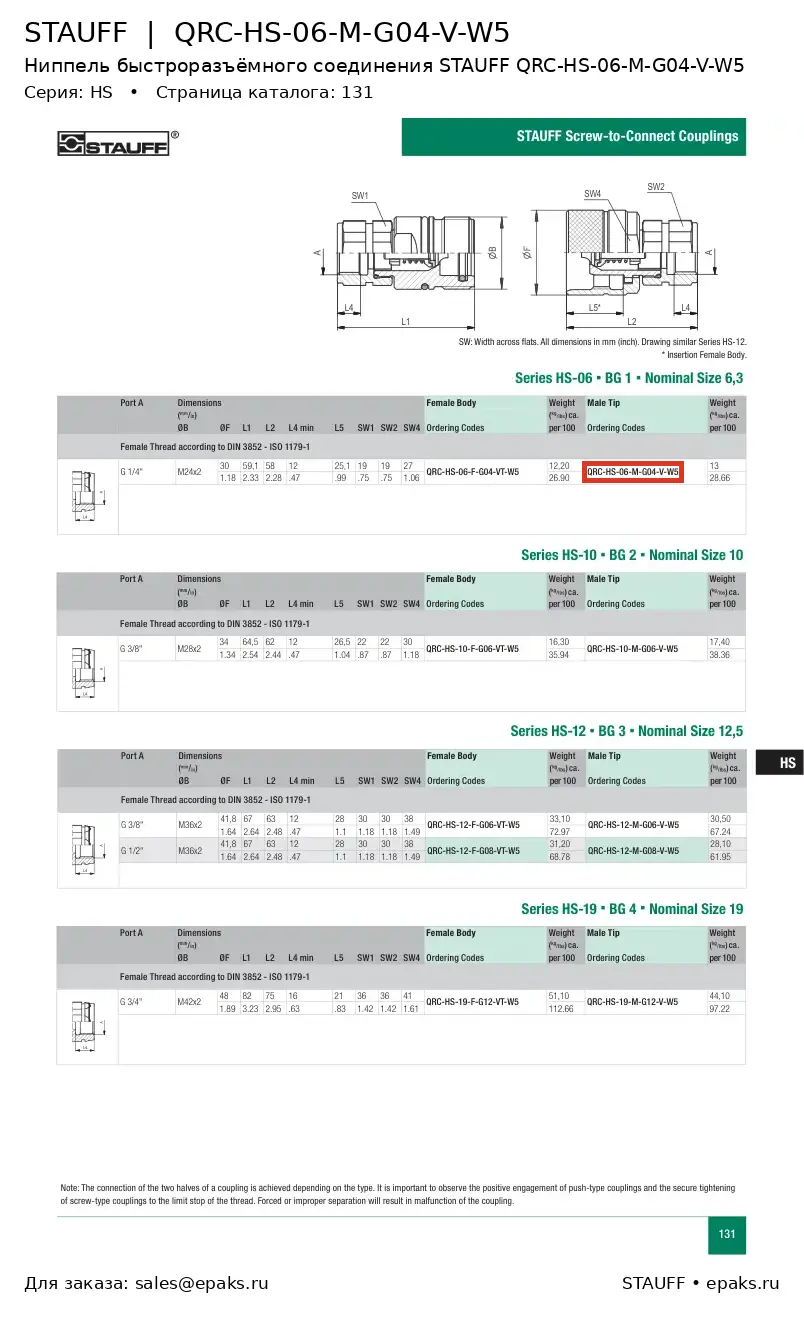 STAUFF QRC-HS-06-M-G04-V-W5