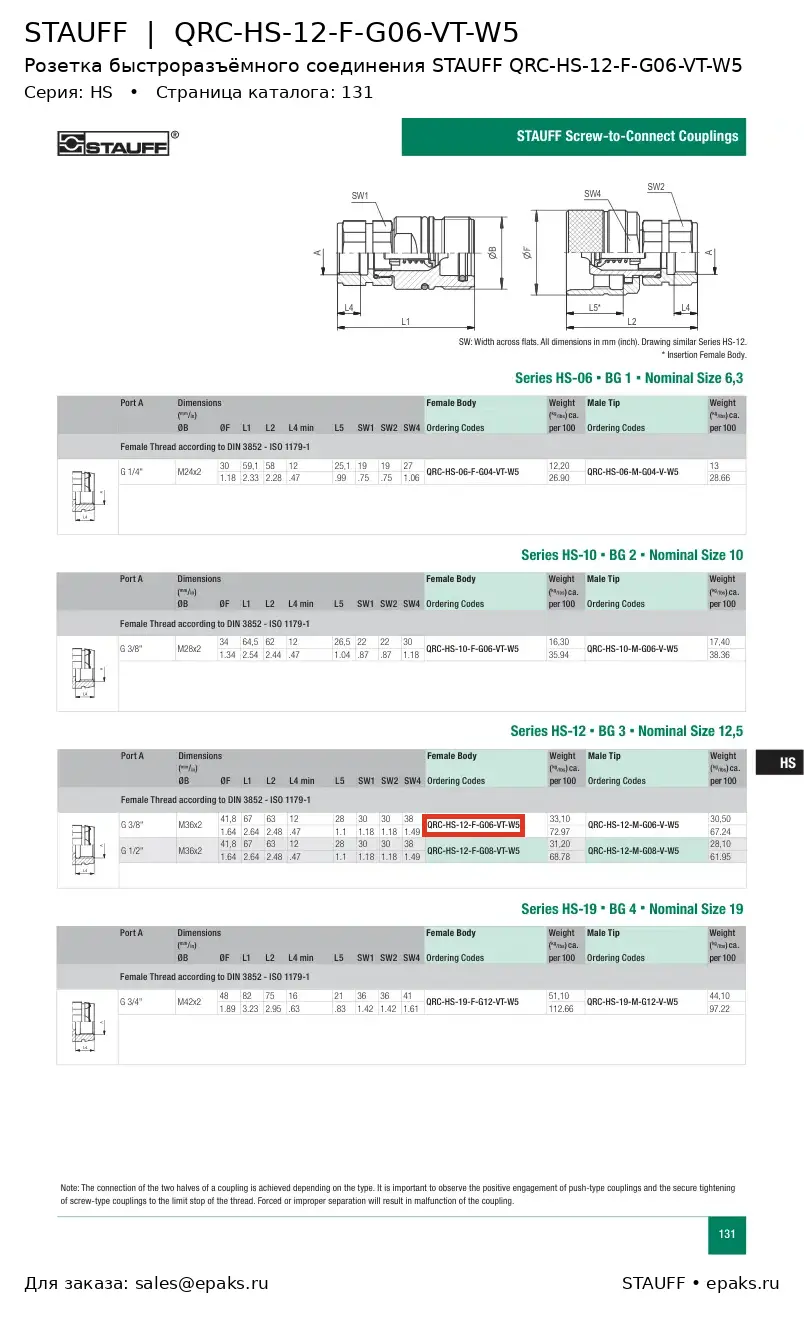 STAUFF QRC-HS-12-F-G06-VT-W5