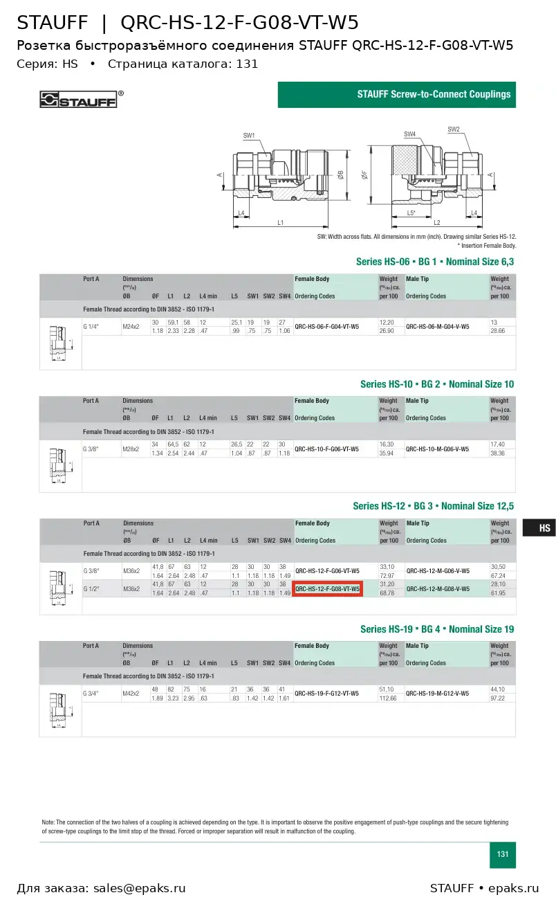STAUFF QRC-HS-12-F-G08-VT-W5