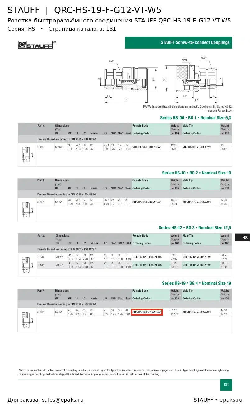 STAUFF QRC-HS-19-F-G12-VT-W5