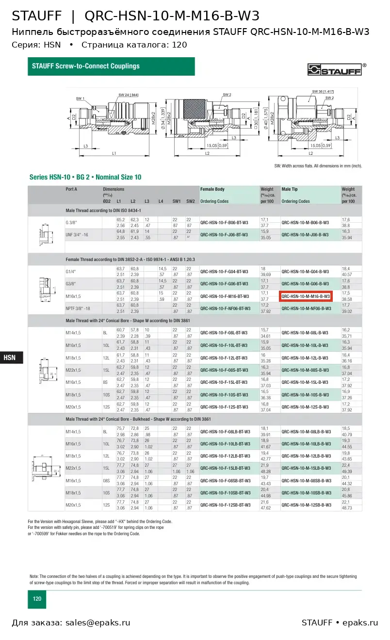 STAUFF QRC-HSN-10-M-M16-B-W3