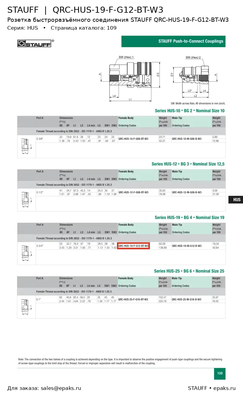 STAUFF QRC-HUS-19-F-G12-BT-W3