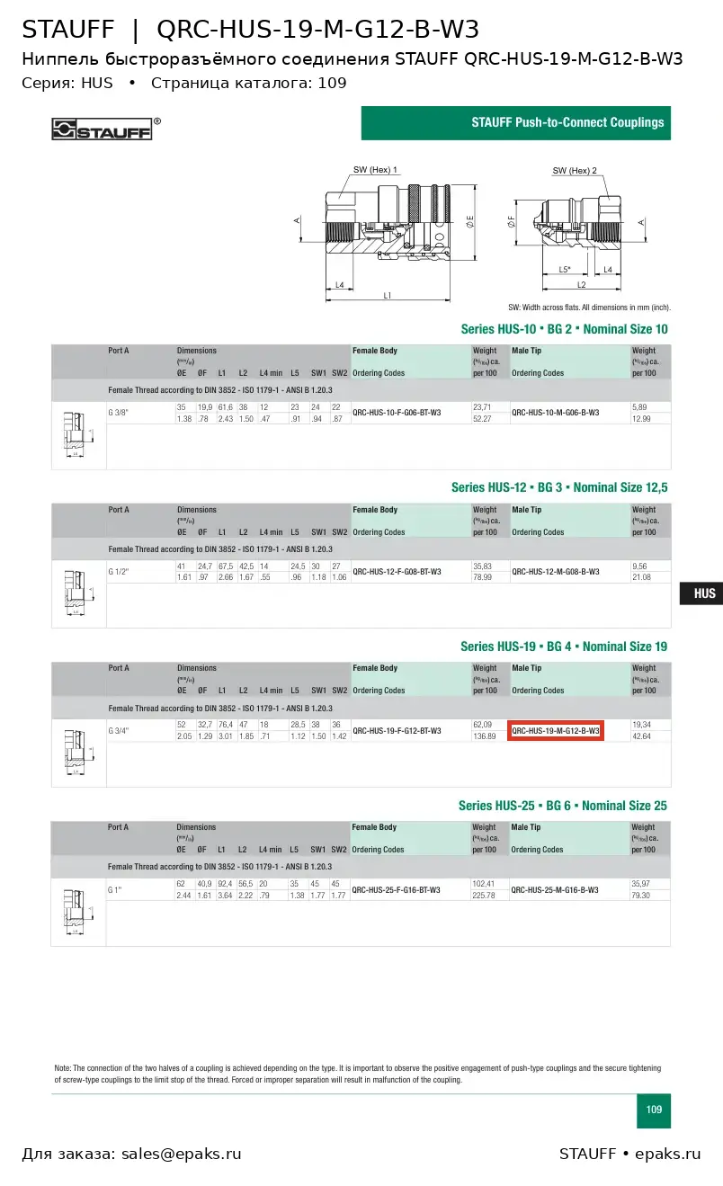 STAUFF QRC-HUS-19-M-G12-B-W3