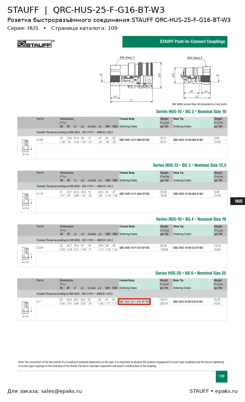 STAUFF QRC-HUS-25-F-G16-BT-W3