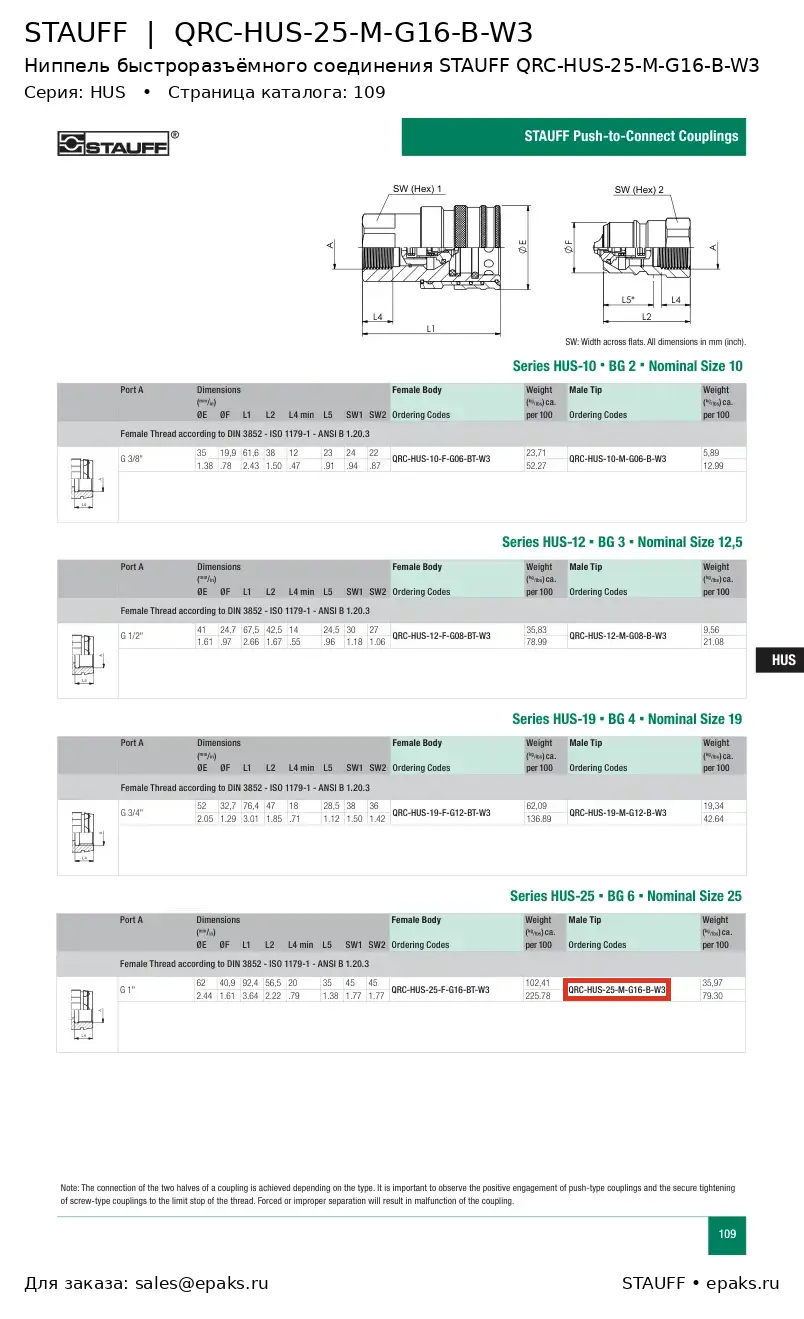 STAUFF QRC-HUS-25-M-G16-B-W3