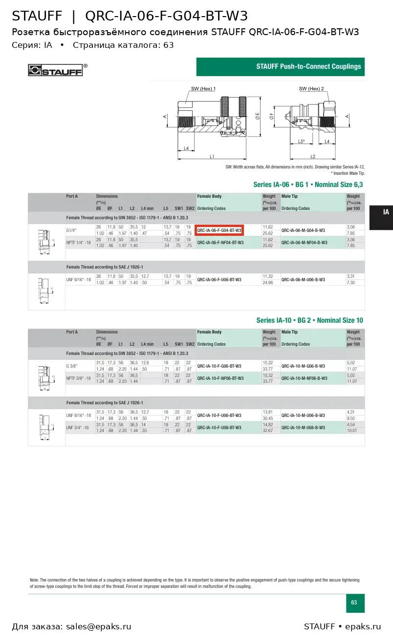 STAUFF QRC-IA-06-F-G04-BT-W3