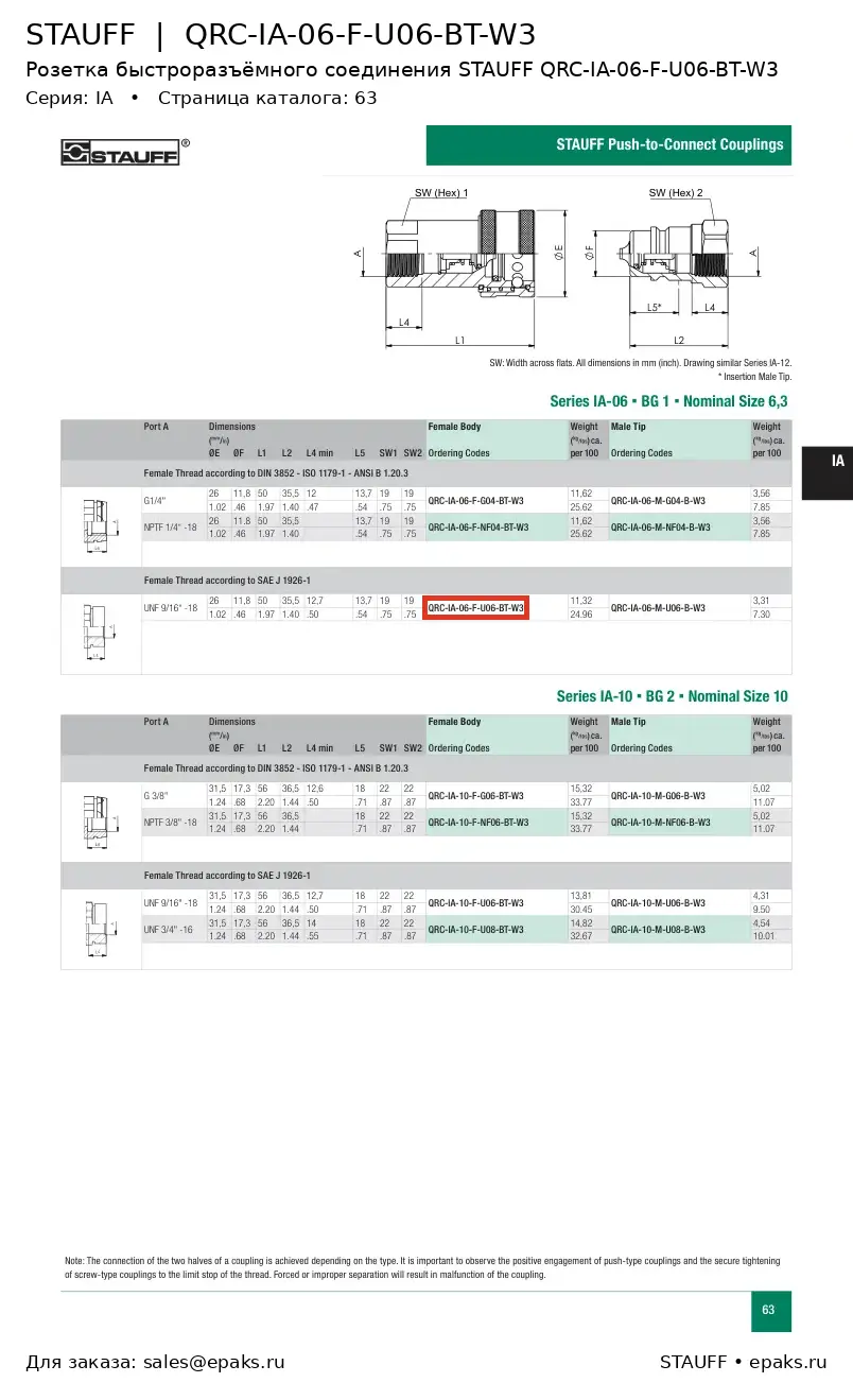 STAUFF QRC-IA-06-F-U06-BT-W3