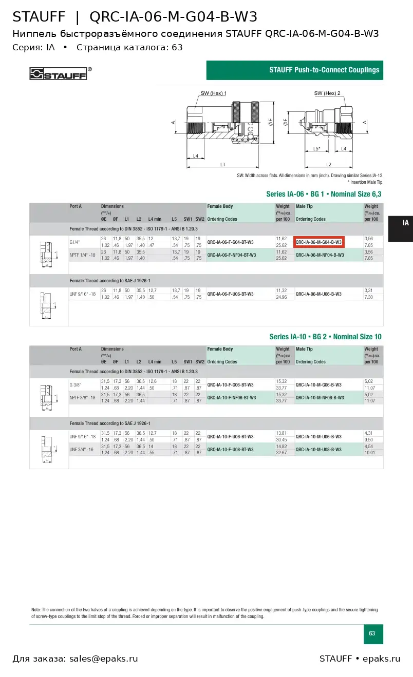 STAUFF QRC-IA-06-M-G04-B-W3