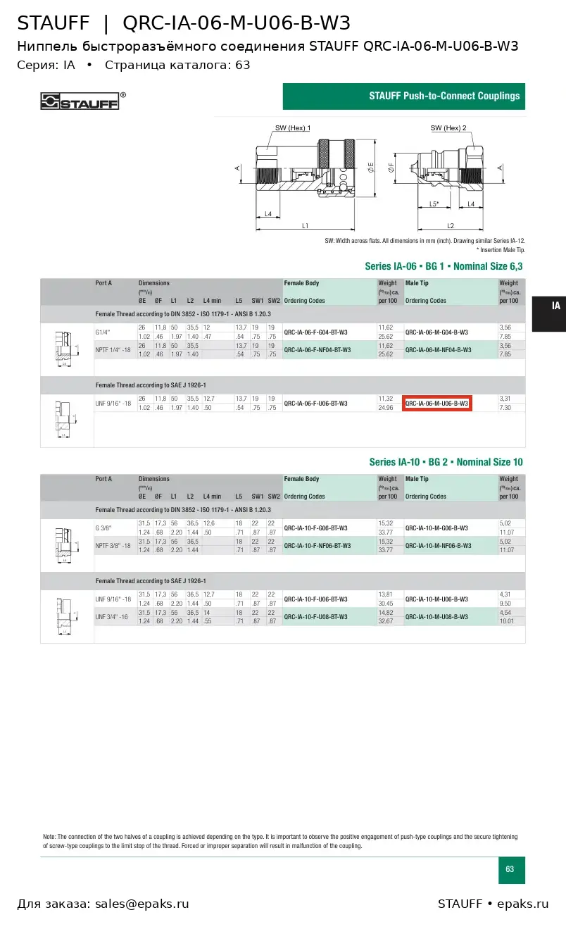 STAUFF QRC-IA-06-M-U06-B-W3