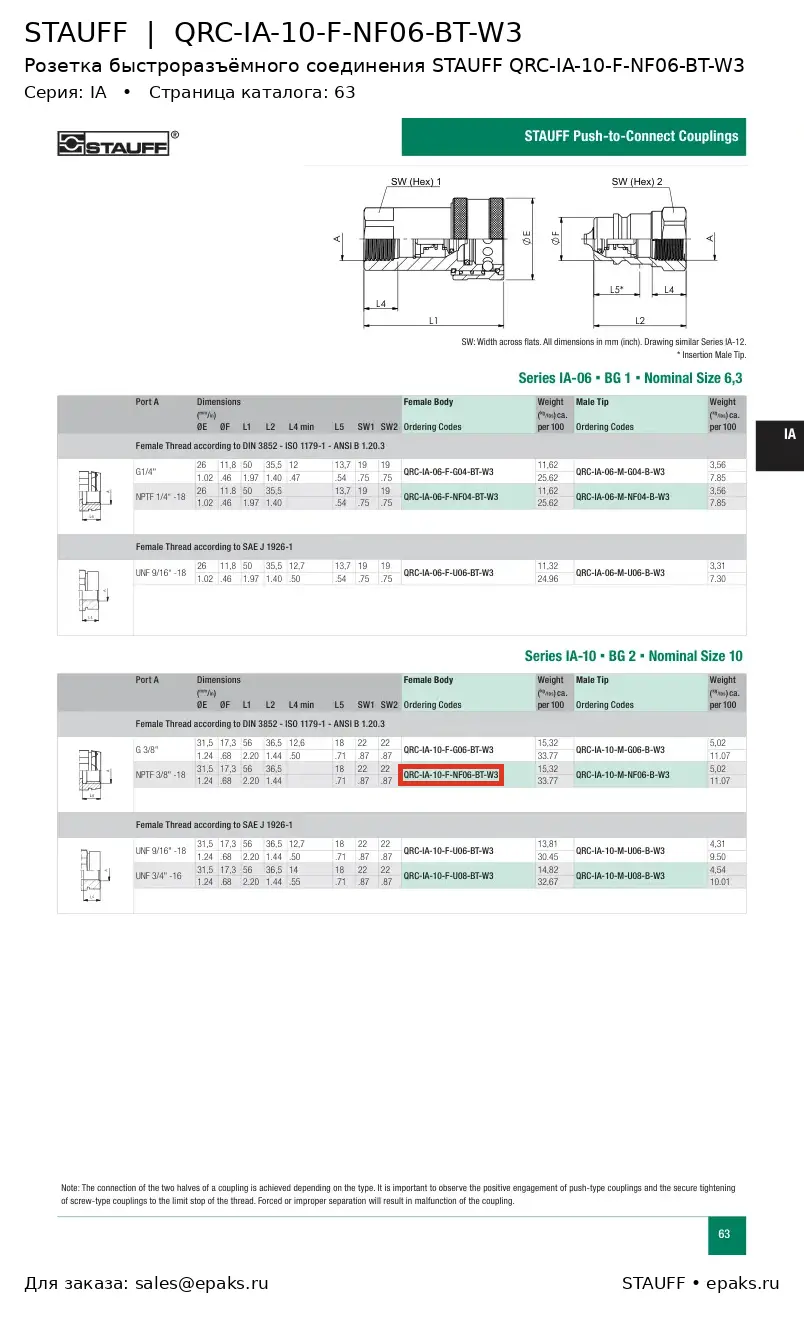 STAUFF QRC-IA-10-F-NF06-BT-W3
