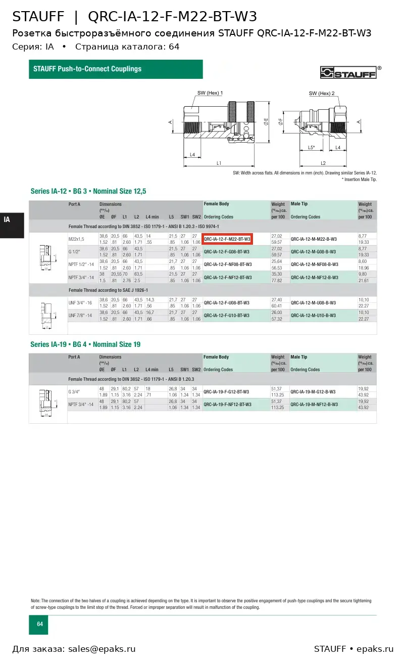 STAUFF QRC-IA-12-F-M22-BT-W3