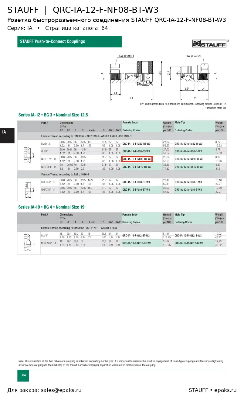 STAUFF QRC-IA-12-F-NF08-BT-W3