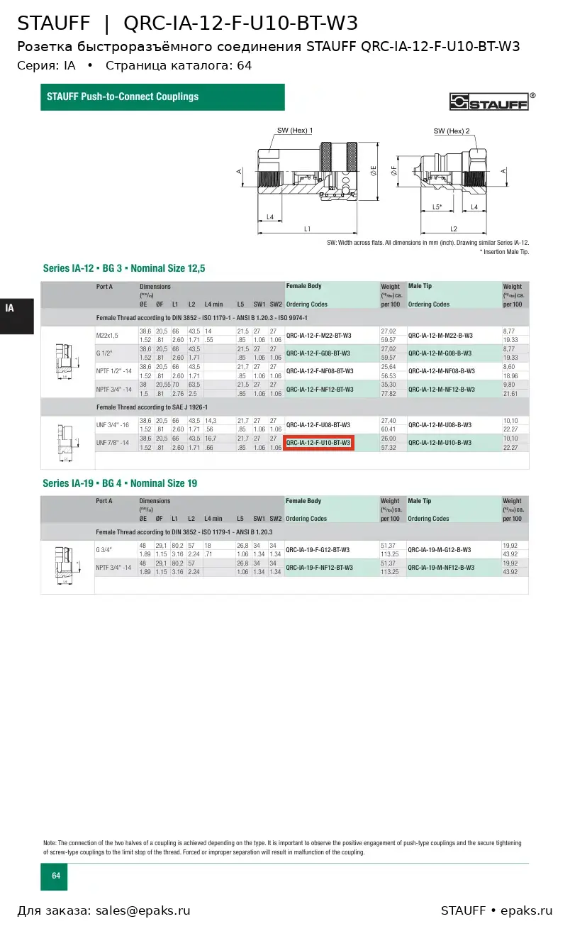 STAUFF QRC-IA-12-F-U10-BT-W3