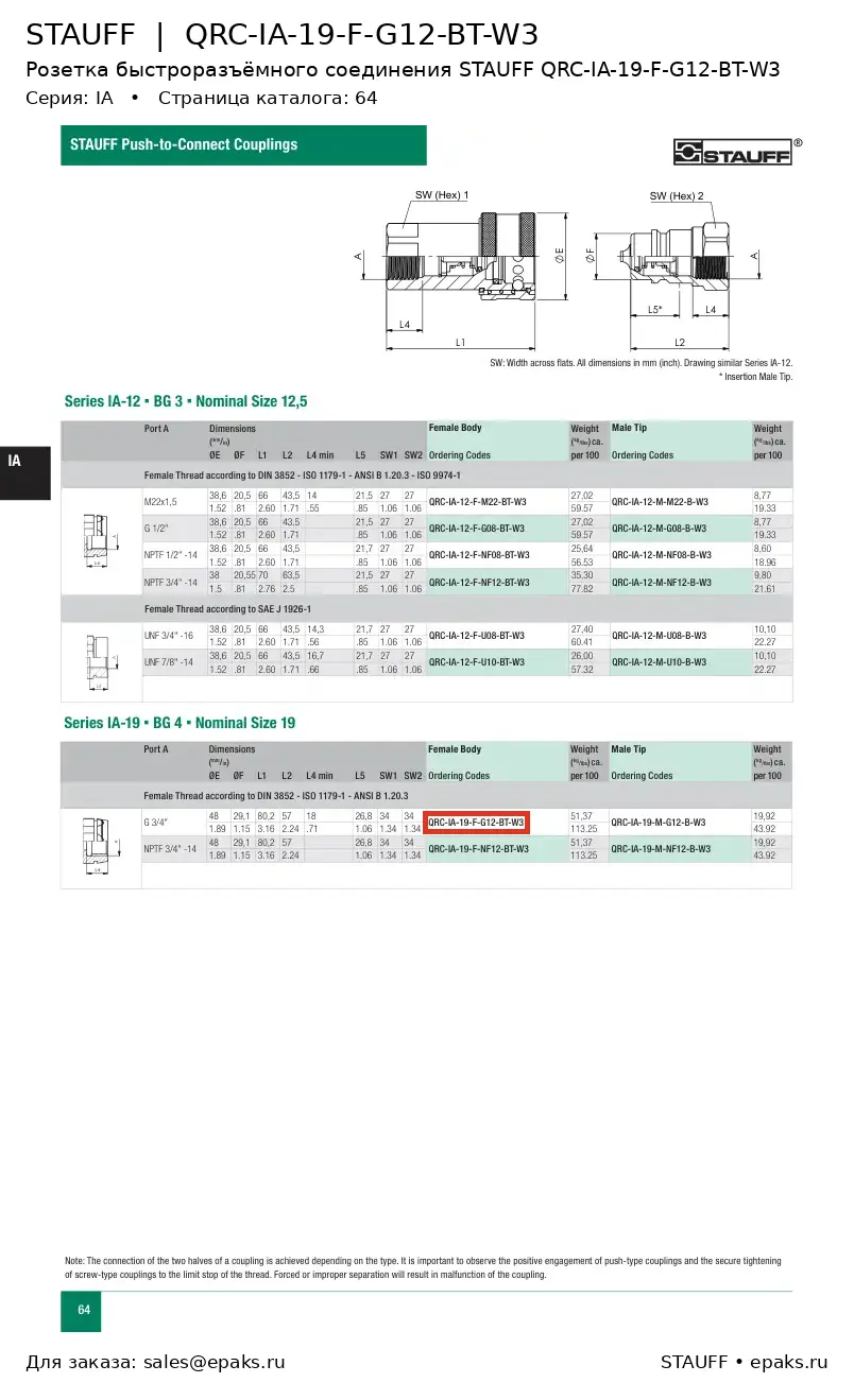 STAUFF QRC-IA-19-F-G12-BT-W3