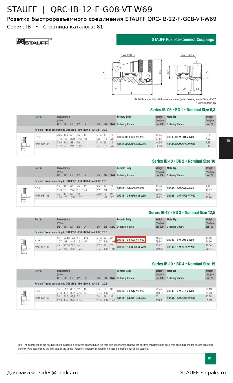STAUFF QRC-IB-12-F-G08-VT-W69
