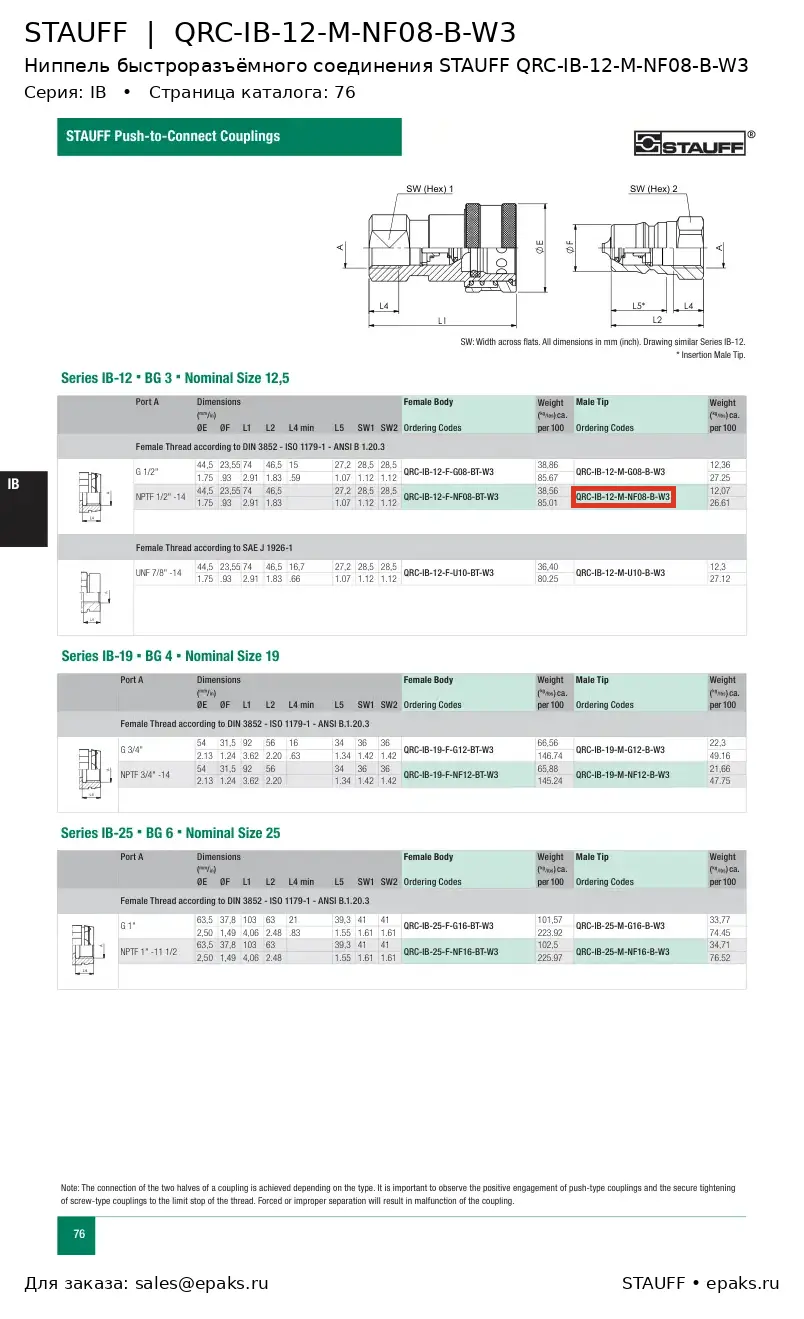 STAUFF QRC-IB-12-M-NF08-B-W3