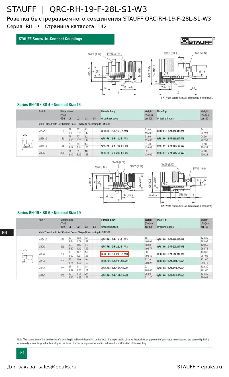 STAUFF QRC-RH-19-F-28L-S1-W3